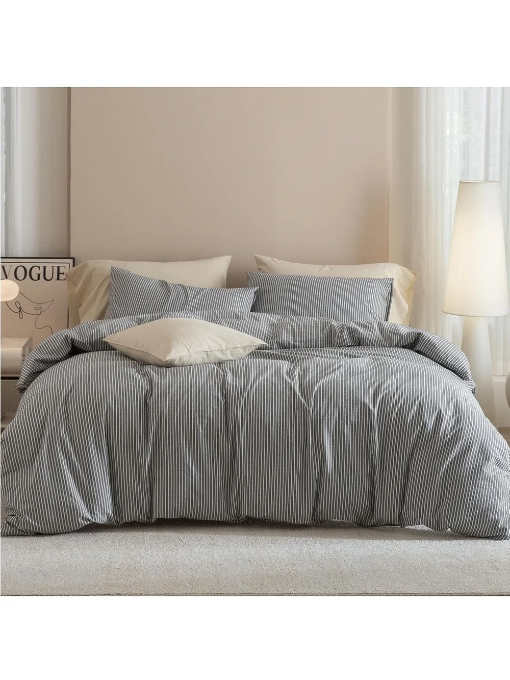 NEW Queen 100% Washed Cotton Duvet Cover Set, 3-Piece, Linen-Like Pinstripe